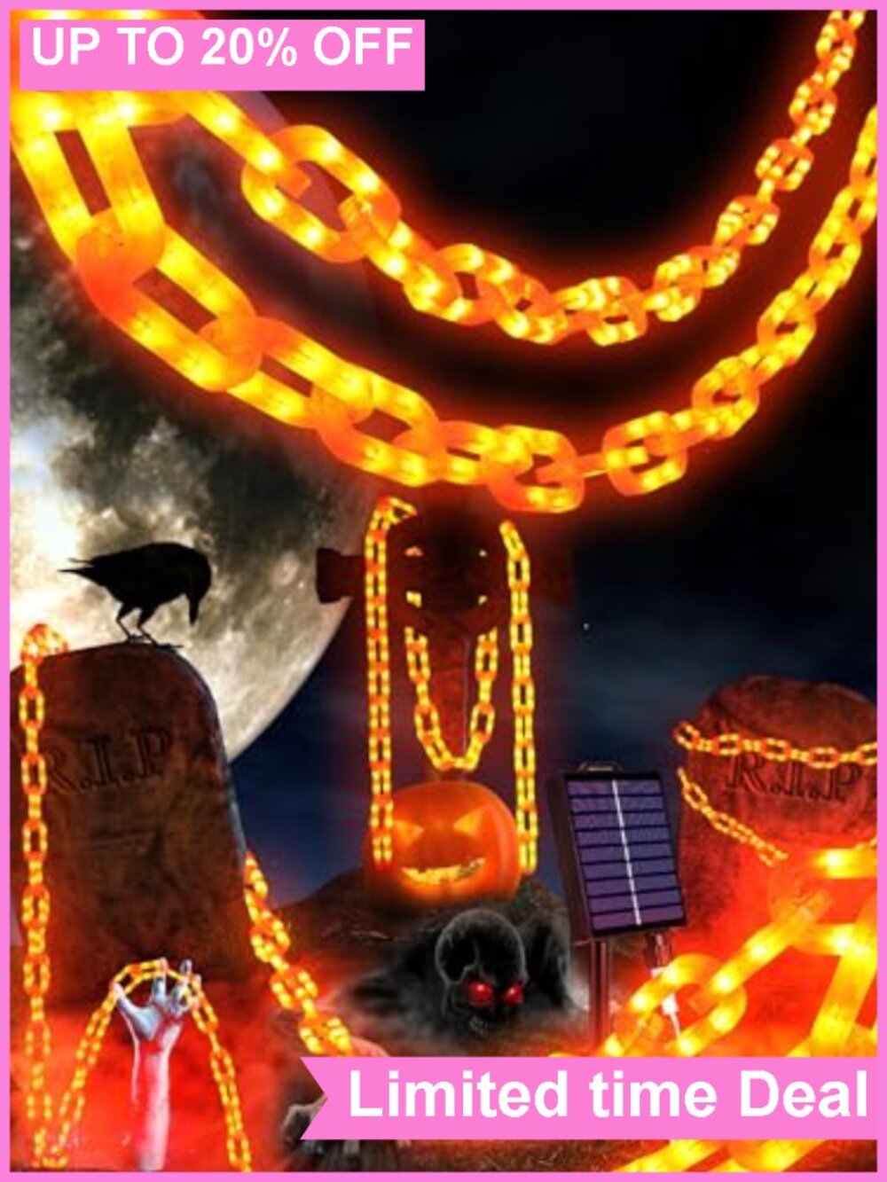 Solar Halloween Chain Lights 10 FT 160 LED 8 Modes Waterproof Outdoor Décor